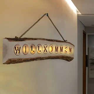 Türschild Dekoschild Willkommensschild LED Schriftzug Holz Jute Batterie L 60 cm