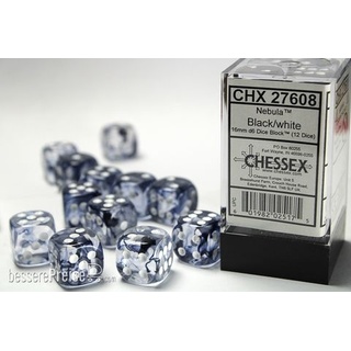 Chessex Würfel CHX27608 - NebulaTM Black w/white SignatureTM 16mm d6 with pips Dice BlocksTM (12 Dice)