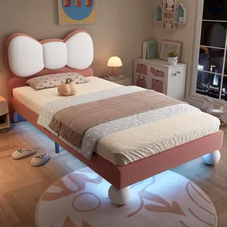 FammyLoft Polsterbett 90x200, Einzelbetten 90x200 mit Fliegeformiges Bettkopfteil, Farblich Anpassbare LED-Lichtleiste Unter dem Bett, Jugendbett mit Samt, Kinderbett(Ohne Matratze), Beige + Rosa