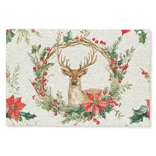 MuchoWow Fußmatte Weihnachtskranz - Hirsch - Stechpalme - Rot, Rechteckig, innen Schmutzfangmatte, Tür, Schmutzfänger Flur, Teppich 60x40 cm rot 60 cm x 40 cm