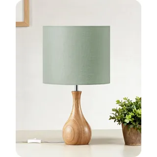 GOEBLESON Nachttischlampe aus Holz, Grüne Tischlampe | Tischleuchte mit Kabel, Fensterbank Lampe aus Leinen, E27 2700K LED-Birne, für Schlafzimmer, Nachttisch, Geschenk, Hotel