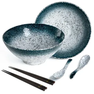 2 teiliges Ramen Schüssel Set Keramik Japanische Ramen Bowl mit Essstäbchen und Löffel,Asiatisch Stil Porzellan Geschirr Salatschüssel Instant Suppenschale,1200ml,Stein