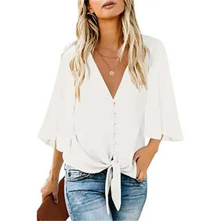 MQYXGS Damen Chiffon Bluse Sommermode V-Ausschnitt Boho Print Große Größe Tunikahemd Oberteil Dolmanärmel Lose Krawatte Knoten Shirt T-Shirt Top Tunika Tops Schwarz Blau Braun Orange S M L XL XXL - XL