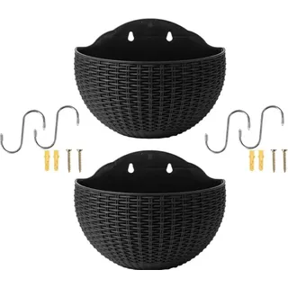 2 Stück Wand Blumentopf, Blumenampel, Blumentopf Hängend für Innen Außen, Halbrunder Rattanimitat Hängetopf für Pflanzen mit Ablaufauslass und 4 Haken, Wandvase für Garten, Zaun, Terrasse (Schwarz)