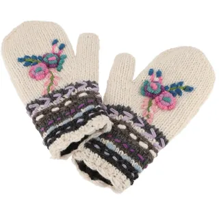 Guru-Shop Strickhandschuhe Wollhandschuhe mit Blümchenstickerei, Boho.. weiß