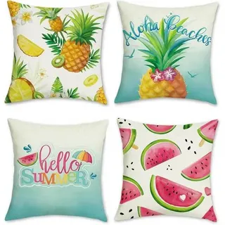 Bonhause 4er Set Kissenbezüge Sommer Früchte 45 x 45 cm Wassermelone Ananas Polyester Leinen Dekorative Kissenhülle Zierkissenbezüge für Sofa Zuh