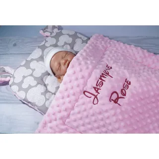 Generisch Zweilagige Decke mit Namen + Kissen mit Ohren - Baumwolle - Kinderwagen - 50x75 cm - (Hellrosa - Mäuse)