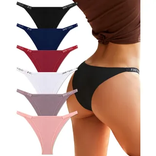 FIENTOO Damen Unterwäsche Baumwolle High Cut String Bikini Panties Stretch Low Rise Hipster Damen Sexy Freche Unterwäsche, Packung mit 6 Stück, Medium