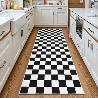 Terrug Schwarz-Weiß karierter Teppich für die Küche, 61 x 183 cm Läufer, waschbar, rutschfest, weich, niedriger Flor, schmutzabweisend, Retro-Teppich für Schlafzimmer, Eingangsbereich und Flur