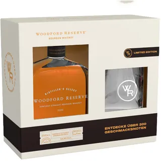 Woodford Reserve Bourbon Whiskey inkl. Tumbler 200 ml - 43,2% Vol. | Früchte & Vanille; ausgewogen & weich; Mini‐Geschenkset inkl. Tumbler - ideal als kleines Whiskey‐Geschenk