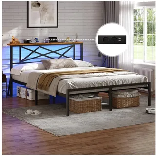MSMASK Metallbett mit LED-Beleuchtung, Steckdose und 2 USB-Anschlüssen (Ohne Matratze), Bettgestell 140 x 200 cm in Braun mit Metall-Lattenrost braun 140 cm x 214 cm x 90 cm