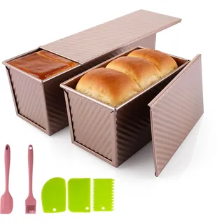 LOPYXBR 2 Stück Toastbrot Backform mit Deckel 1000g und 450g, Kastenform mit Deckel aus Kohlenstoffstahl, Antihaft Toastbrotform, Brotbackform mit Belüftungslöchern für Toast und Brot, Roségold
