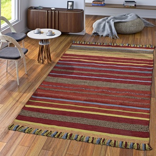 TT Home Handwebteppich Wohnzimmer Natur Webteppich Kelim Baumwolle Streifen Mehrfarbig, Größe:160x220 cm