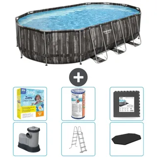 Bestway Oval Power Steel Swimmingpool – 610 x 366 x 122 – Grau – inklusive Pumpe – Leiter – Abdeckung Wartungspaket - Filter - Bodenfliesen