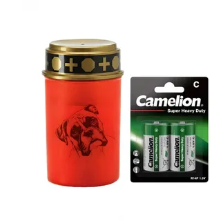 Fachhandel Plus Grabkerze LED Grablicht Hund Grablicht LED mit 2 LR14 Batterien Grabschmuck, Hunde Grabschmuck für ein würdiges Erinnerungslicht rot