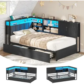 AODEMOKO Polsterbett, Jugendbett mit LED-Beleuchtung & USB-Ladestation, Tagesbett mit Lattenrost aus Metall und 2 Schubladen, Ohne Matratze, 90x190cm - Schwarz