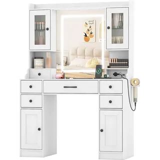 COSTWAY Schminktisch mit Beleuchtung, Make-up-Tisch mit Spiegel, Steckdosen, 3 Farbmodi, einstellbare Helligkeit, Schränke & Schubladen 105x40x150cm - Weiß