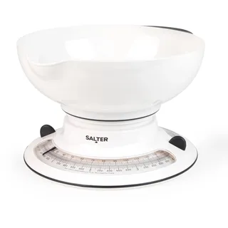 Salter Analoge Küchenwaage, Mechanische Backwaage mit 2,6L Wägeschale, drehbarer Doppelscheibe, Wiegefunktion bis 4 kg, 4L, batterielos, präzise Messung, herausnehmbare Schüssel, Aqua-Blau