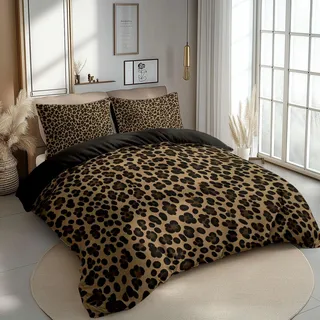 CozyRest Bettwäsche 180 x 200 cm Bettbezug Set 3 Teilig mit 2 Kissenbezügen, Muster Leopard Gepard Braun Wende Bettwäsche für Teenager Kinder, aus Weiche Mikrofaser mit Reißverschluss