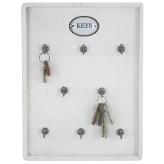 Moritz Schlüsselbrett Holz 8 Haken 35 x 27 cm weiß – KEYS Shabby Chic | Antikweißes Board mit ovalem Metallschild im Distressed-Look, Landhausstil, 4 cm tief, für Flur, Küche, Büro und Eingang