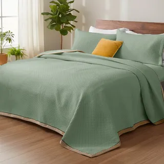 SHANNA Quilt-Bettüberwurf 3-teilige Set: Ganzjahres-Luxus-Dicke Kuschel Komfort Bettdecke, Solide 220 x 240 cm Steppdecke Set mit 2 Kopfkissenbezügen 50 x 70 cm, große Sofa Überwurfdecke (Hellgrün-A)