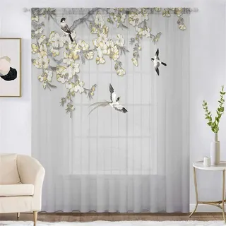 Surwin Vorhänge Wohnzimmer, Blumen-Vogelserie Schmetterling Scheibengardinen, Gardinen mit ösen, 1er Set Vorhänge, Transparent Tüll Gardine Wohnzimmer für Fenster Wohnzimmer (Grau,W100xH130cm)