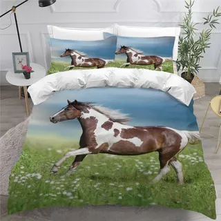 AKATIE Bettwäsche Pferd Bettwäsche 135x200 Kinder Tier Bettbezug Set Weich Microfaser Kinderbettwäsche 3 Teilig Mit ReißVerschluss Mit 2 Kissenbezug 80x80 cm