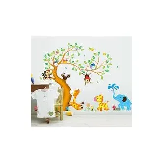 Dekorative Wandsticker Mit Einem Fröhlichen Tierbaum, Bestehend Aus Eule, Affe, Zebra Und Giraffe – Perfekt Fürs Baby- Oder Kinderzimmer. Abnehmbare Wandsticker. – Crezuo