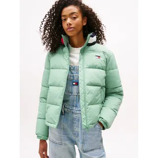 Steppjacke TOMMY JEANS "TJW ESS PUFFER FLAG JACKET EXT", Damen, Gr. L (40), grün (cloudy jade), Web, Obermaterial: 100% Nylon, unifarben mit Farbeinsatz, regular fit, Jacken Steppjacke