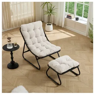 BBG Relaxsessel Relaxsessel mit Hocker, Moderner Loungesessel mit dickem (Relaxsessel mit Hocker), KissenMetallgestell bis 130kg, Indoor Outdoor Liegestuhl weiß