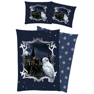 BERONAGE Kinderbettwäsche Harry Potter Stars Bettwäsche Linon / Renforcé, 100% Baumwolle, 2 teilig, 135x200 + 80x80 cm mit Knopfleiste blau