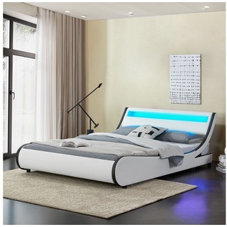 Juskys Polsterbett Valencia, 140 x 200 cm, Doppelbett mit Lattenrost, LED-Beleuchtung und Fernbedienung weiß