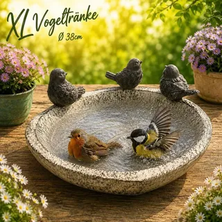 XL Vogeltränke Ø 38 cm – Vogelbad mit 3 Deko-Vögeln, wetterfest, Gartendeko, Vogeltränke und Futterstelle für Garten & Terrasse