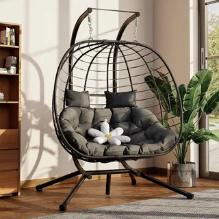 Amopatio Doppel Hängesessel mit Gestell & Kissen, Wetterfester Rattan Hängeschaukel für 2 Personen, Mental Schaukelsessel für Garten, Balkon, Terrasse, Indoor, Outdoor, Schwarz