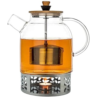 Naturic Teekanne aus Glas mit Sieb und Stövchen - 1,6 l Teekanne mit Siebeinsatz und Stövchen - Teekanne mit Hebe und Senk Funktion - Deckel und Edelstahl Sieb abnehmbar