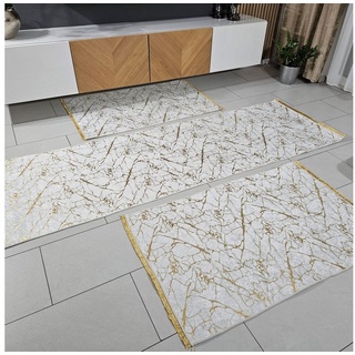 Läufer 3er Teppich Set Weiß Gold, Gardinen by Justyna, Saray hali, Wohnzimmerteppich, Kücheteppich, Flurteppich weiß