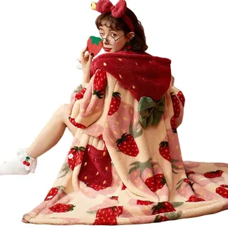 NWSDZXF Bademantel Damen Winter-Pyjamas Für Frauen Erdbeer Cartoon Kapuze Lange Robe Jacke Nette Home Wear Nachtwäsche