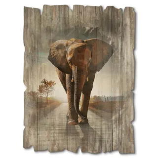 ARTland Wanddeko Bild aus Holz Holzbild vintage Deko 30x40 cm Hochformat Afrika Safari Tiere Elefant Savanne Himmel Sonnenaufgang T9QO