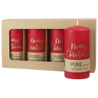 PURE NATURAL WAX, Karminrot-Gold, Stumpenkerze „Merry Christmas“, WENZEL, 130/70 mm, Brenndauer ca. 47h, 100% plastikfrei, 4 Stück