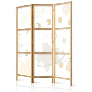 Muralo Japanischer PARAVENT 3-teilig Raumteiler klappbar PREMIUM-Vliesleinwand PASTELLFARBENE STERNE UND MONDE für Kinderzimmer 135cmx172cm - Weiß/Beige/Grau