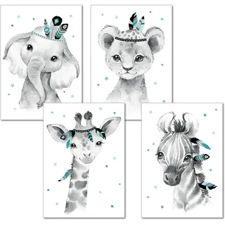 LALELU-Prints | A4 Bilder Kinderzimmer Deko Mädchen Junge | Zauberhafte Indianer-Tiere Boho Feder mint | Poster Babyzimmer | 4er Set Kinderbilder (DIN A4 ohne Rahmen)