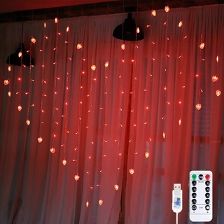 DINOWIN LED Lichtervorhang Herzförmig, 34 Herz 128LED 8 Modi Sterne Lichterketten USB Lichterkettenvorhang für Weihnachten, Innen Außen Garten Party Hochzeit, Partydekoration (Rot)