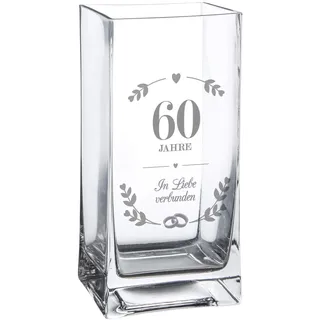 Casa Vivente Blumenvase aus Klarglas mit Gravur zur Diamanthochzeit, Rechteckige Glasvase mit Ring Motiv, Geschenk zum 60. Hochzeitstag, 20 x 10 x 10 cm