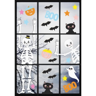Talking Tables Wiederverwendbare Halloween-Fensteraufkleber, super gruselig, lustige Party-Dekorationen, kinderfreundliche Glasaufkleber, mit Fledermäusen, Skeletten, schwarzen Katzen, Kürbissen,