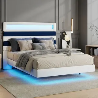 Bett 140x190 - Gepolstertes Schwebebett - Lattenrost - Kopfteil Mit Led Usb Aus Samt - Holz & Metall