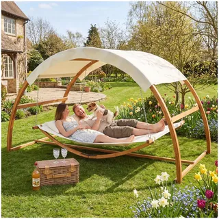 tectake® Doppel Hängematte mit Gestell, 328 x 160 x 172 cm, Hängematte mit Dach für 2 Personen, Belastbarkeit 250 kg, Doppel Sonnenliege, Sonnenliege Holz, Gartenliege Holz, wetterfest, inkl. 2 Kissen
