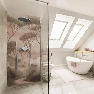 Duschrückwand Wald selbstklebend - 0.35 mm Wandpaneel wasserfest Dschungel beige Vintage Badrückwand fugenlos Smart matt 90x200 cm