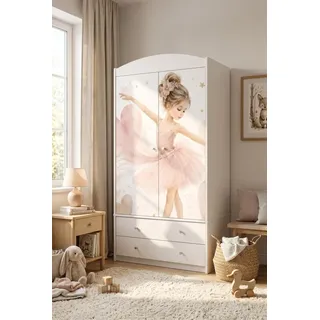 Kinderschrank groß Weiß mit Schubladen und Kleiderstange 88x187 cm Kinder Kleiderschrank 2-türig modern, bunte Aufkleber, Ballerina - Weiß