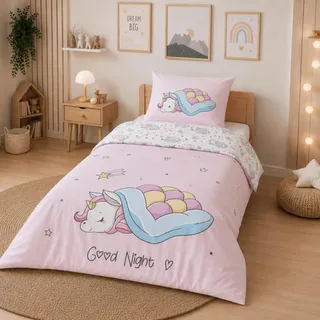 termana Einhorn Bettwäsche 135x200 Kinderbettwäsche Mädchenbettwäsche in rosa, Kissenbezug 80x80 + Bettbezug 135x200, süße Teenager-Bettwäsche