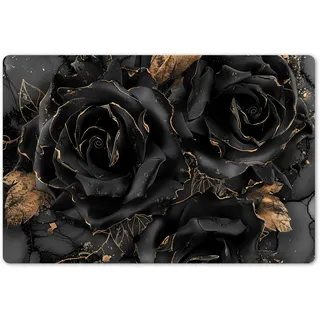 KitchenYeah© Platzsets Abwaschbar 6er Set 45x30 cm Tischsets Platzdecken Platzset Tischset Esstisch Tischuntersetzer Unterlagen rutschfest Rosen - Schwarz - Gold